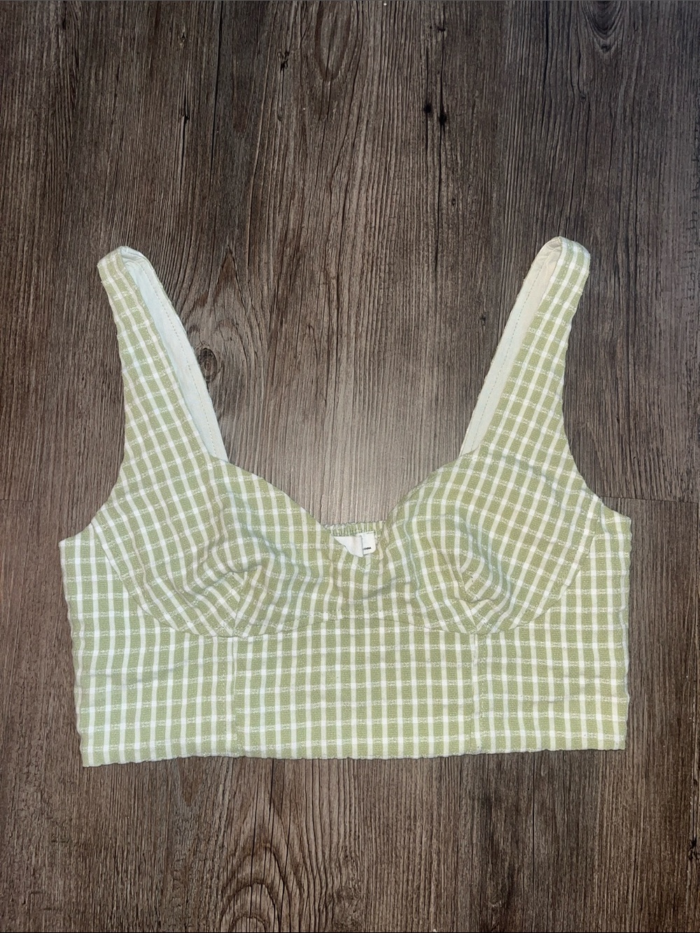 ELODIE Light Green Gingham Cropped Bustier Top